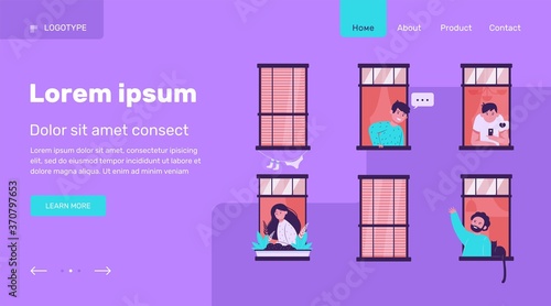 Apartment open windows with friendly neighbors flat vector illustration. Young people living in one building, man with cat talking with other guy. Lifestyle and friendship concept
