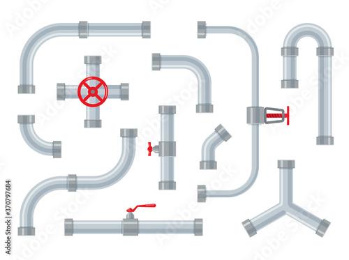 Water pipes. Steel and plastic connectors for tubes. Pipeline parts, valves and plumbing isolated on white background. Set of industrial drainage systems in a trendy flat style.