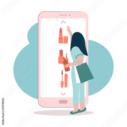 Online shopping, cosmetics store. Woman chooses and buys makeup in the internet shop, holding shampoo. Lipstick, nail polish, mascara. Cartoon vector illustration isolated on white background