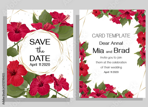 Vector template for wedding invitation. Red hibiscus, round gold frame. Branches with flowers.