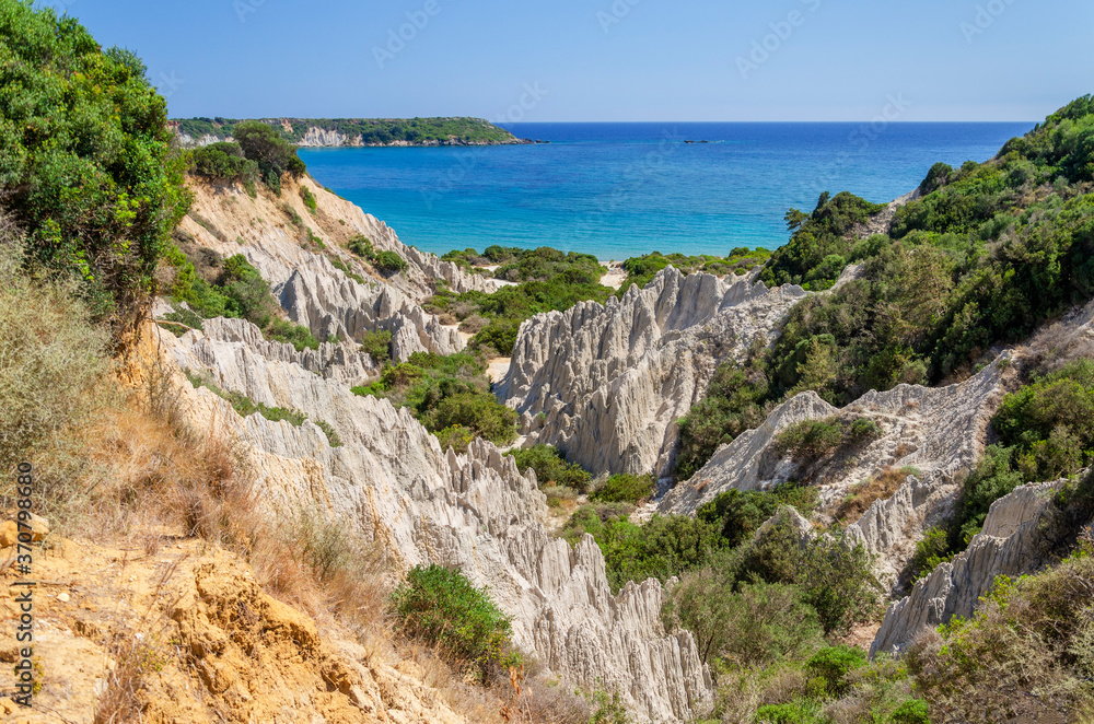 Fototapeta premium Picturesque sandy Gerakas beach - a breeding site of the caretta sea turtles, situated on Vassilikos peninsula of Zakynthos island on Ionian Sea, Greece.