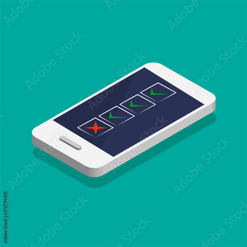 To-do list on a screen. Isometric smartphone with check box on a display. Vector illustration.