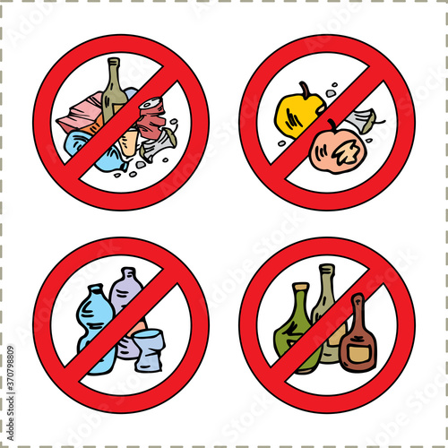 Household rubbish, waste. Set of prohibition signs Do not litter isolated on white background. Environmental pollution, ecology, plastic.