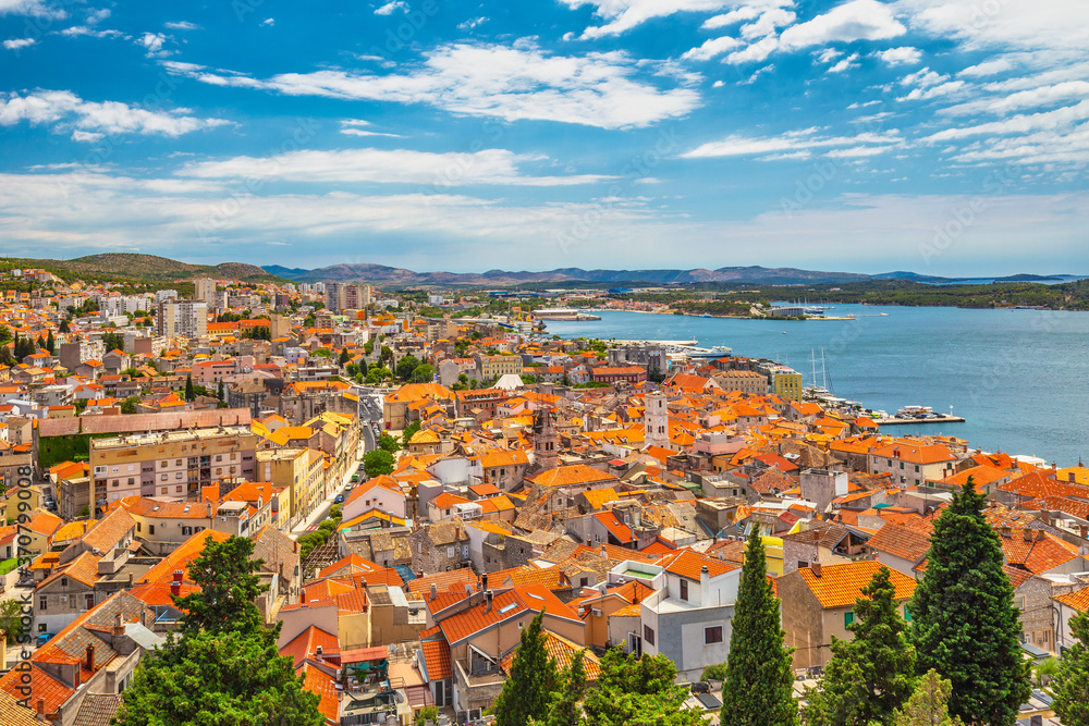 City skyline of Sibenik from St. Michael's fortress. An ancient town on the Dalmatian coast of Adriatic sea in Croatia, Europe.