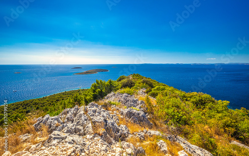Panoramic view on adriatic coast from The Gaj hill over Primosten town in Croatia, Europe.