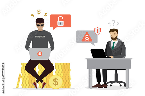 Hacker attack computer, unhappy user at workplace, scam alert. Data protection, effective antivirus. Virus detection,