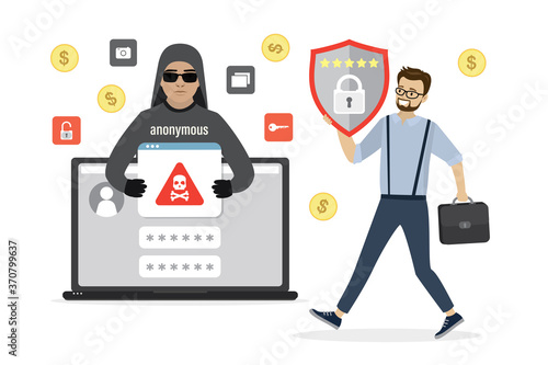 Cartoon male hacker in mask installs malware on laptop. System administrator carries an effective antivirus. Online virus attack, scam alert.
