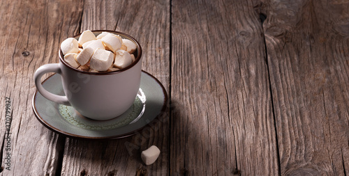 Cup of hot chocolate with cinnamon and marshmallow on wooden background