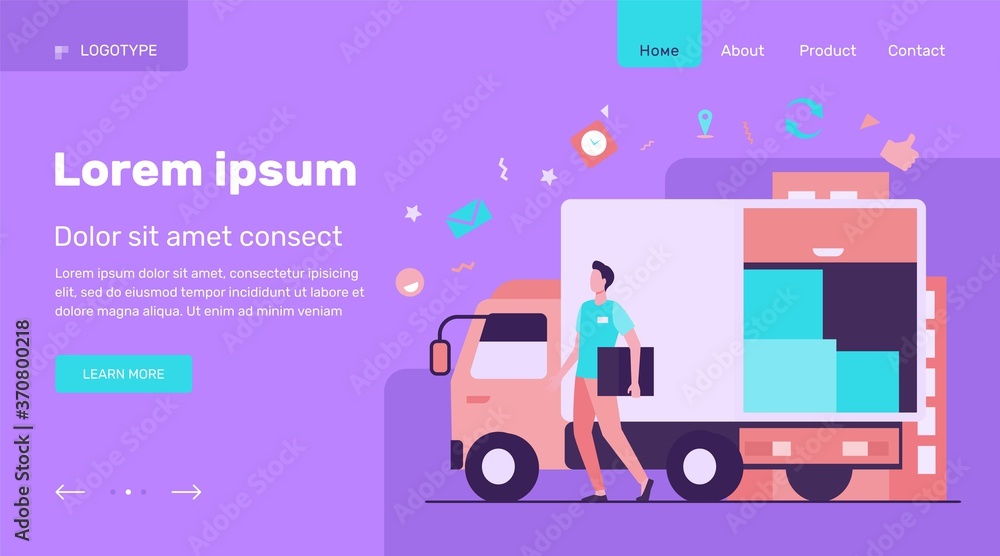 Fototapeta premium Courier with truck delivering order. Man carrying box from shipping lorry with other packages. Vector illustration for delivery service, transport, logistics concept