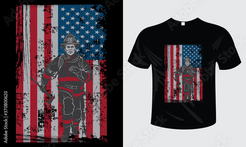 Firefighter vector t-shirt design with American grunge flag & Fireman axe, vintage firefighter print-ready t-shirt design