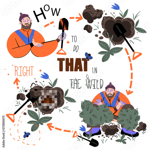 A poster on how to properly go to the toilet in the wild. Vector illustration.