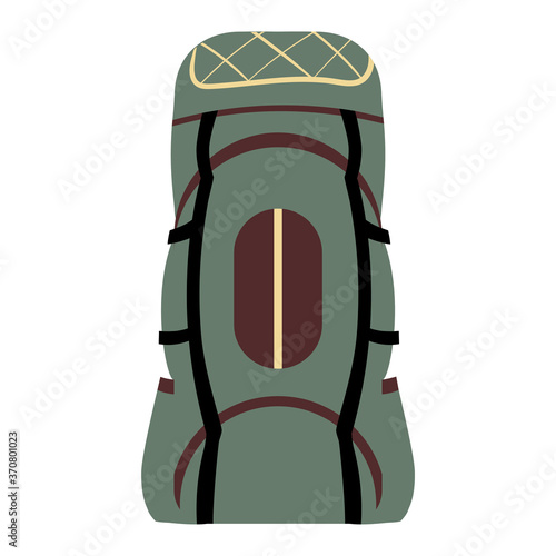Green travel backpack for hiking or trekking. Vector illustration.