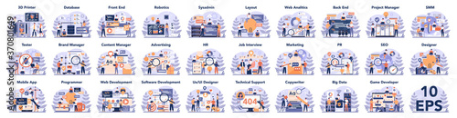 Big IT profession set. Programmer write software and create code