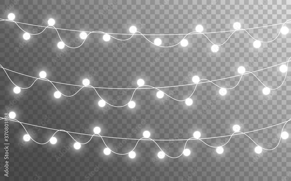 Christmas lights isolated on transparent backdrop. Glowing silver garland. Bright bulbs decoration. Festive shining elements. Realistic lamps for banner, poster or web. Vector illustration - obrazy, fototapety, plakaty 
