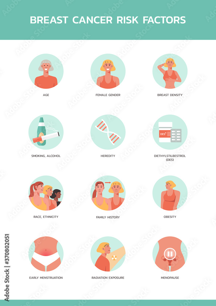 infographic awareness of breast cancer risk factors, healthcare and medical poster layout template for web, vector flat illustration