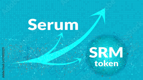 SRM token of the Serum project with upward arrows on a blue abstract background. Decentralized derivatives management. Vector EPS10.