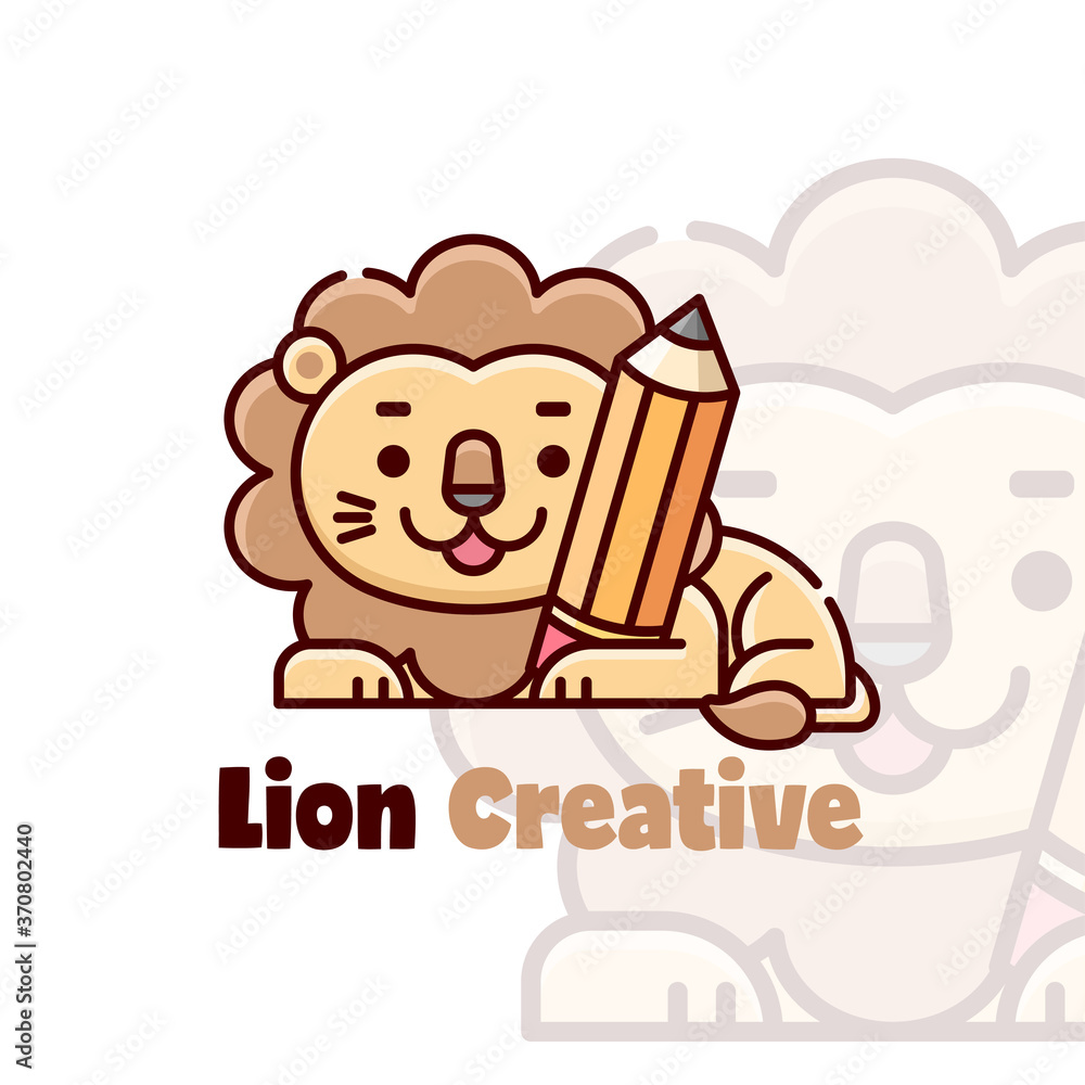 Fototapeta premium CUTE LION HUGGING A PENCIL CARTOON LOGO