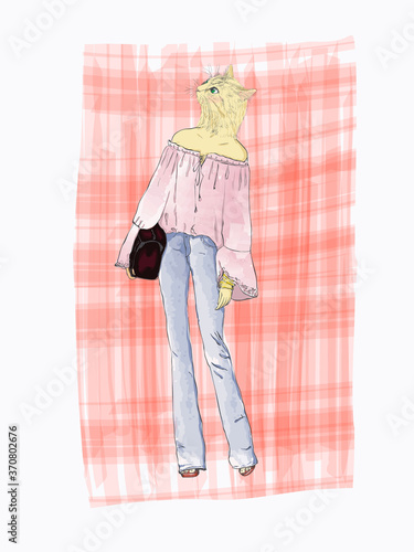 Cat girl dressed up in retro style, furry art illustration
