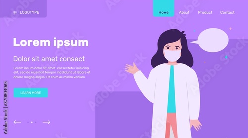 Female doctor and empty speech bubble. Mask, nurse, recommendation flat vector illustration. Communication and message concept for banner, website design or landing web page