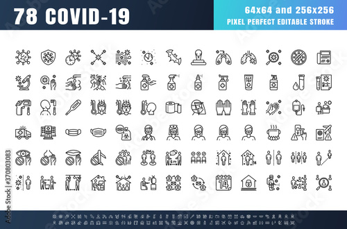Vector of 78 Covid-19 Prevention Line Outline Icons. Coronavirus, Social Distancing, Quarantine, Stay Home. 64x64 Pixel Perfect. Editable Stroke.