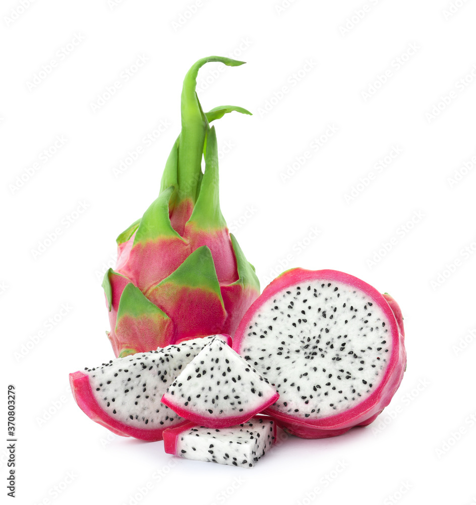 Delicious cut and whole dragon fruits (pitahaya) on white background Delicious cut and whole dragon fruits (pitahaya) on white background