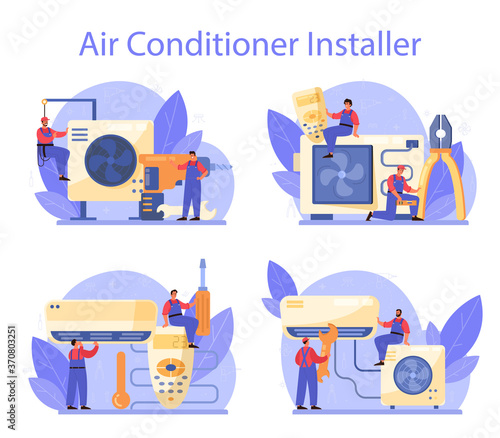 Air conditioning repair and instalation service set. Repairman