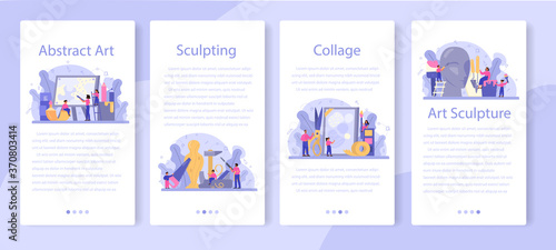 Art school education mobile application banner set. Student holding