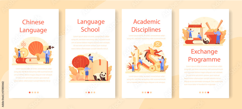 Naklejka premium Chinese learning mobile application banner set. Language school