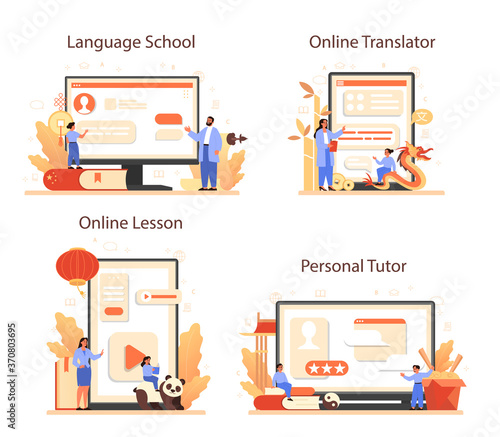 Chinese learning online service or platform set. Chinese school