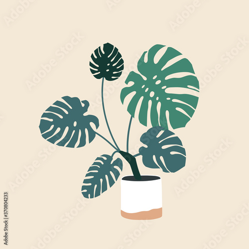 Monstera in ceramic flowerpot. Houseplant isolated. Trendy hugge style, urban jungle decor. Hand drawn sketch, naive art. Print, poster, banner, wallpaper. Logo label. Green, brown, beige pastel color