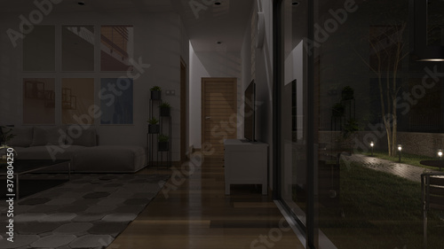 Dimly Illuminated Living Room and Patio Behind the Sliding Doors at Night 3D Rendering © beysim