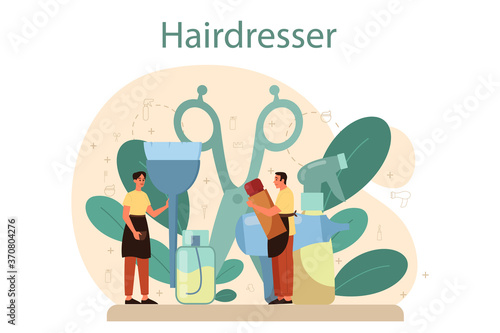 Hairdresser concept. Idea of hair care in salon. Scissors and brush