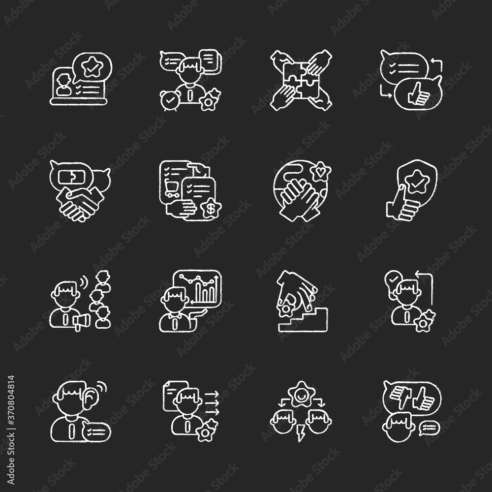 Fototapeta premium Communication skills chalk white icons set on black background. Different professional talents and personal traits. Self development, teamwork skills. Isolated vector chalkboard illustrations