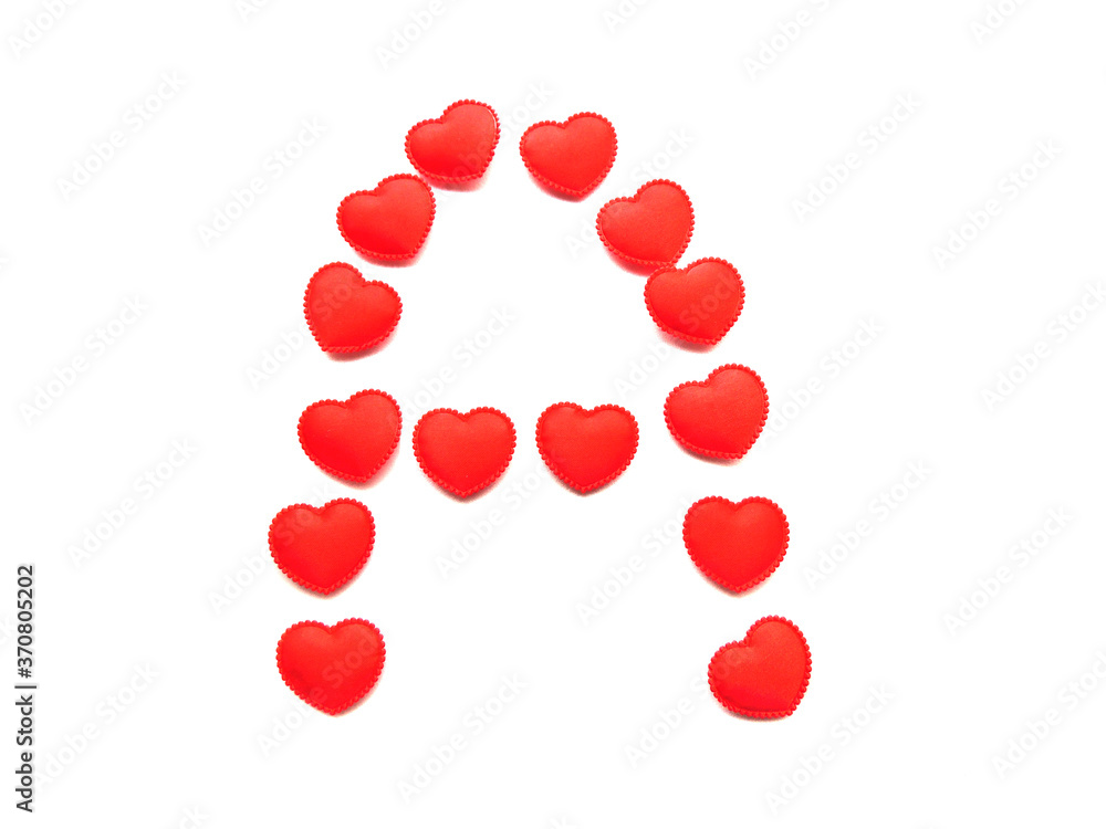 The letter A is made up of small red hearts isolated on a white background. Bright red font. The letter A is made up of small red hearts isolated on a white background. Bright red font.