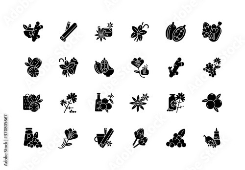 Asian spices black glyph icons set on white space. Culinary herbs. Cooking ingredients. Natural supplements. Cloves and star anise. Cardamom. Silhouette symbols. Vector isolated illustration