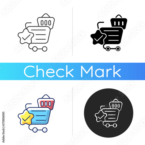 Quality online shopping icon. Internet store best service. Cart and trolley with checkmark. Purchase approved. Sale confirmation. Linear black and RGB color styles. Isolated vector illustrations
