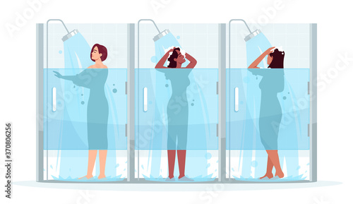 Public female shower semi flat RGB color vector illustration. Woman wash in cabin. Girl clean with soap. Hygiene and body care. Multiethnic women isolated cartoon characters on white background