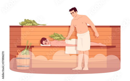 Sauna lounge semi flat RGB color vector illustration. Girl relax on wooden stove shelf. Boyfriend with bath broom massage girlfriend. Man and woman isolated cartoon character on white background