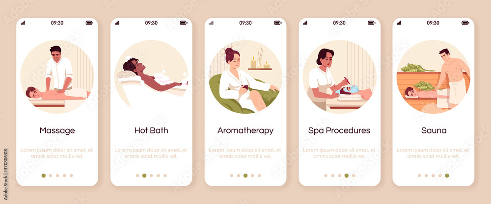 Spa resort procedures onboarding mobile app screen vector template. Hot bath. Aromatherapy for wellbeing. Walkthrough website steps with flat characters. Smartphone cartoon UX, UI, GUI