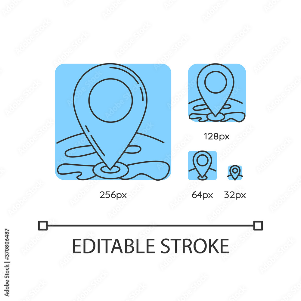 Location pointer blue linear icons set. GPS position. Position on map. Marker for destination. Thin line customizable 256, 128, 64 and 32 px vector illustrations. Contour symbols. Editable stroke Location pointer blue linear icons set. GPS position. Position on map. Marker for destination. Thin line customizable 256, 128, 64 and 32 px vector illustrations. Contour symbols. Editable stroke