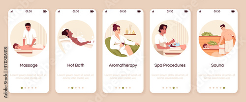 Spa resort procedures onboarding mobile app screen vector template. Hot bath. Aromatherapy for wellbeing. Walkthrough website steps with flat characters. Smartphone cartoon UX, UI, GUI