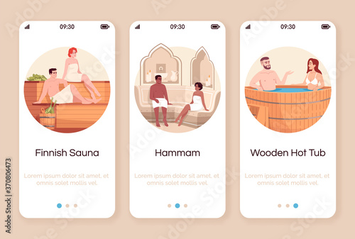 Spa resort for couples onboarding mobile app screen vector template. Finnish sauna. Moroccan hammam. Wooden hot tub. Walkthrough website steps with flat characters. Smartphone cartoon UX, UI, GUI