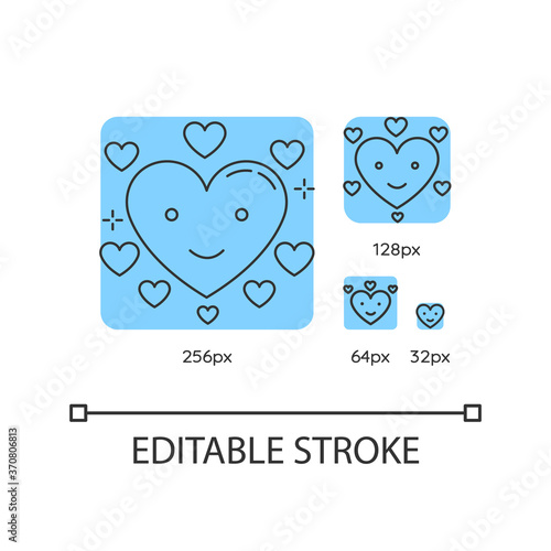 Heart blue linear icons set. Happy emoji. Romantic emoticon. Flirting mood. Sign of affection. Thin line customizable 256, 128, 64 and 32 px vector illustrations. Contour symbols. Editable stroke photo