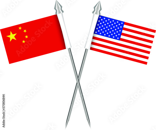 Two US and China flags, steel pins, on white background. Vector illustration.
