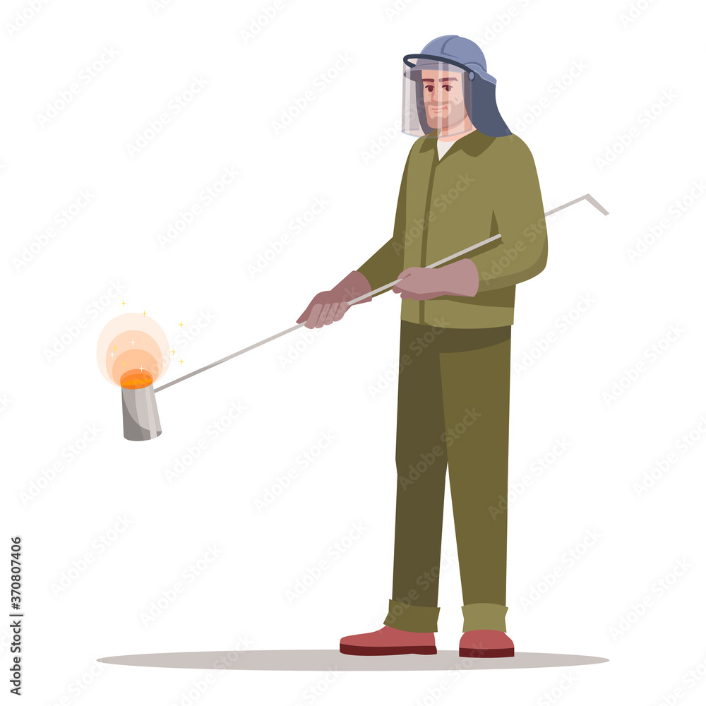 Metallurgy factory worker semi flat RGB color vector illustration. Heavy industry and ironworks. Steelworker in protective equipment melting metal isolated cartoon character on white background