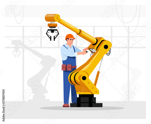 Robotics expert flat vector illustration. Industrial maintenance. Factory automated machine hand repairing. Manufactory male worker in hard hat 2D cartoon character for commercial use