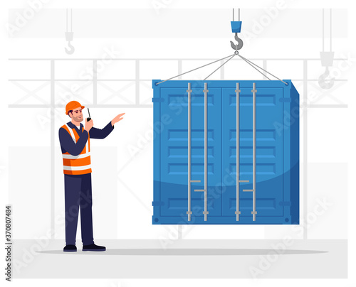 Dock worker semi flat vector illustration. Loading freight container. Cargo shipping service. Port male worker in hard hat with walkie talkie radio 2D cartoon character for commercial use