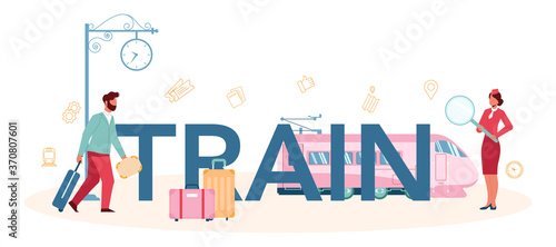 Train typographic header. Railway worker in uniform on duty.
