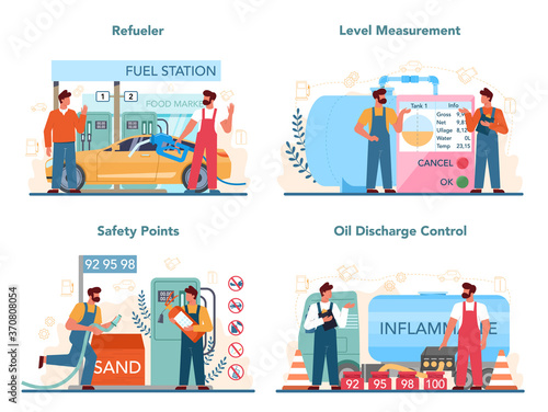 Gas station worker or refueler concept set. Worker in uniform