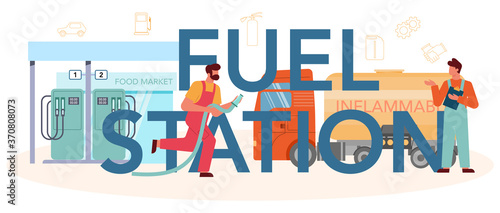 Gas station worker or refueler typographic header concept. Worker photo